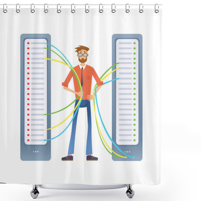 Personality  A Man Working With A Computer Server Or A Render Farm. Technical Specialist In The Data Center. Vector Illustration, Isolated On White. Shower Curtains