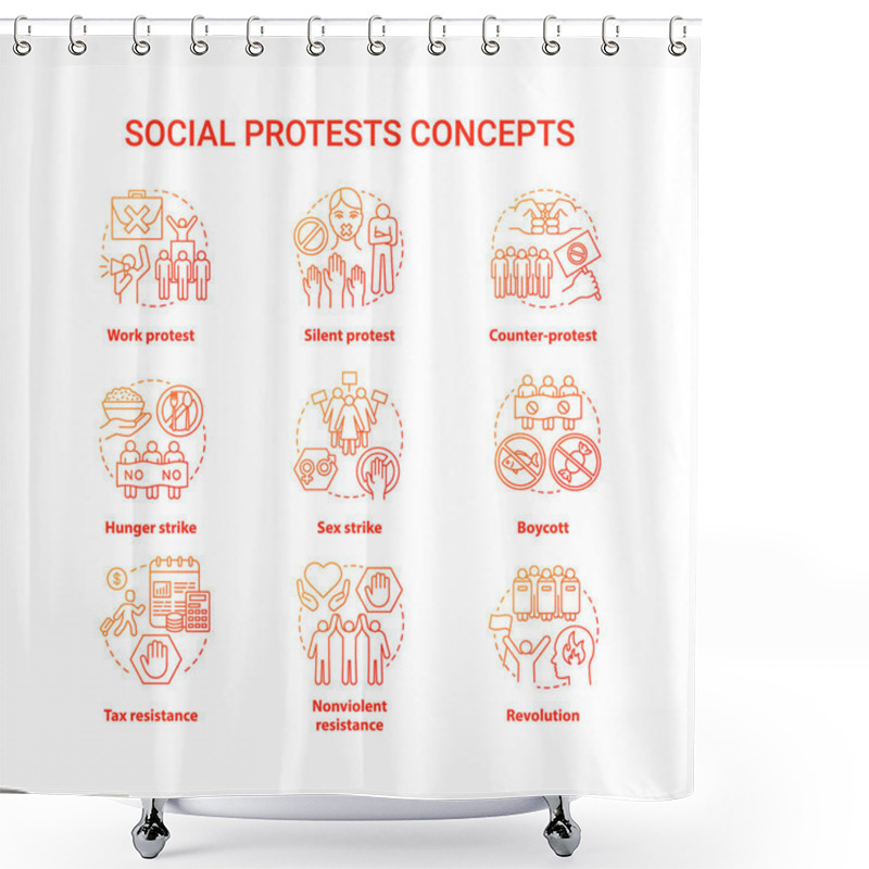 Personality  Social Protests Concept Icons Set. Public Opposition, Civil Disobedience Idea Thin Line Illustrations. Political Resistance And Strikes Vector Isolated Outline Drawings. Government Manifestation Shower Curtains