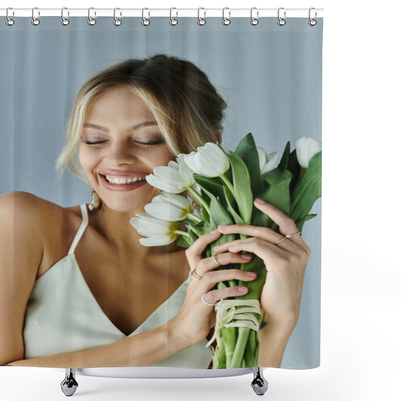 Personality  A Young Woman With Blonde Hair Gracefully Holds A Bouquet Of White Flowers Against A Grey Backdrop. Shower Curtains