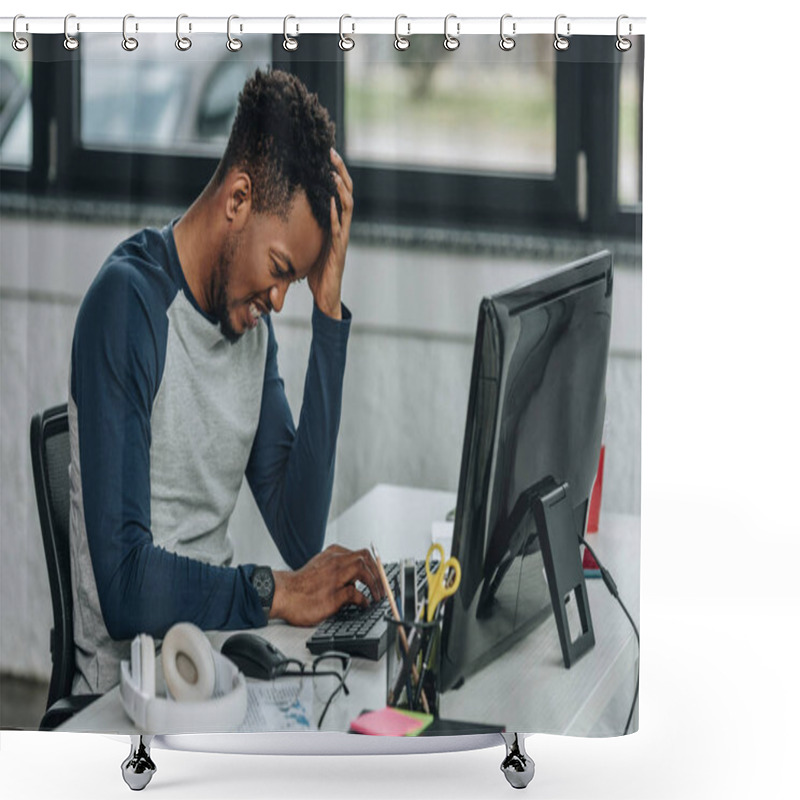 Personality  Upset African American Programmer Holding Hand Near Head While Working On Computer In Office Shower Curtains