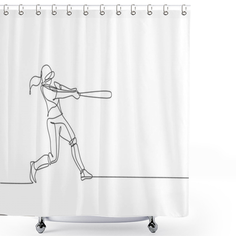 Personality  One Continuous Line Drawing Of Young Sporty Woman Baseball Player Practice To Hit The Ball. Competitive Sport Concept. Dynamic Single Line Draw Design Vector Graphic Illustration For Promotion Poster Shower Curtains