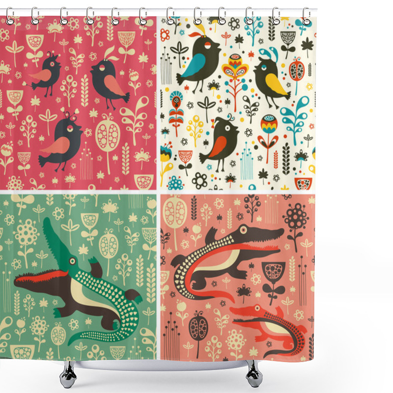 Personality  Set Of Floral Seamless Patterns With Birds And Crocodiles. Shower Curtains