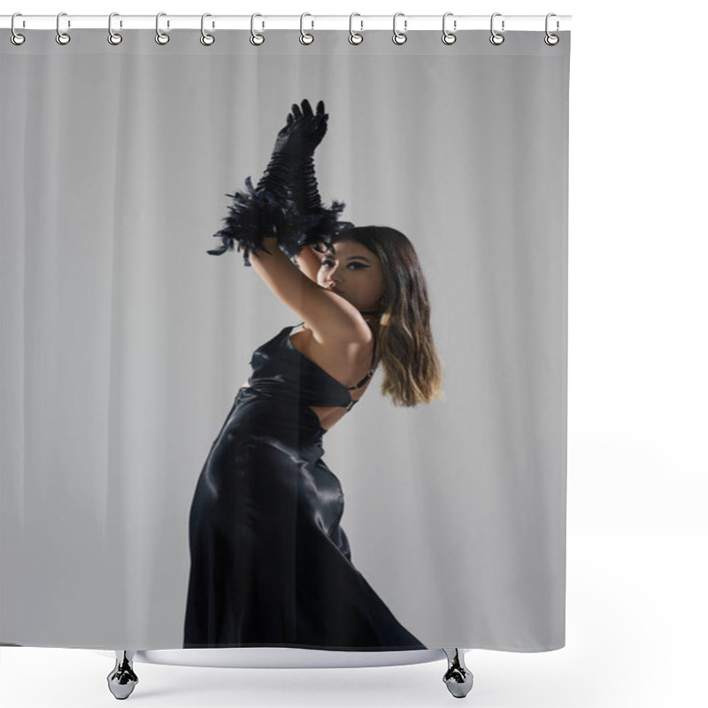 Personality  Asian Woman In Black Satin Dress, Feather Gloves, Posing Against White Backdrop. Shower Curtains