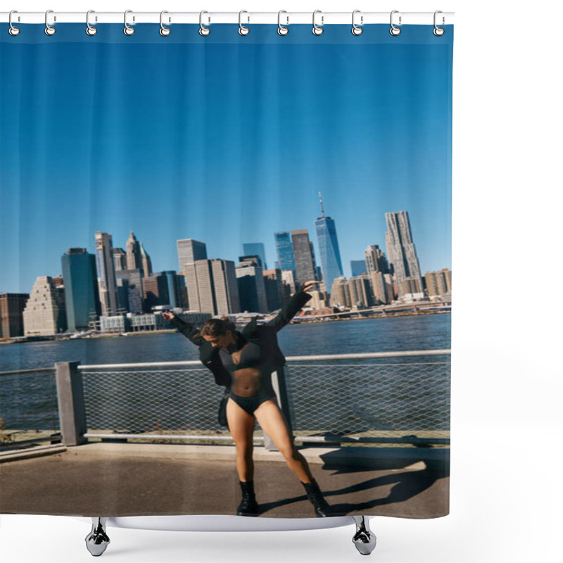 Personality  A Young Woman Dances On A New York City Pier With The City Skyline In The Background. Shower Curtains