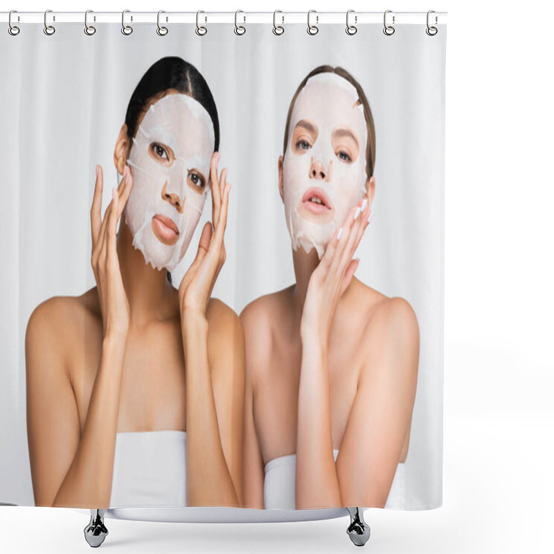 Personality  Young Multiethnic Women Applying Moisturizing Sheet Masks Isolated On White Shower Curtains