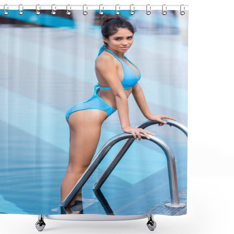 Personality  Slim Woman In Blue Bikini Standing On Ladder In Swimming Pool Shower Curtains