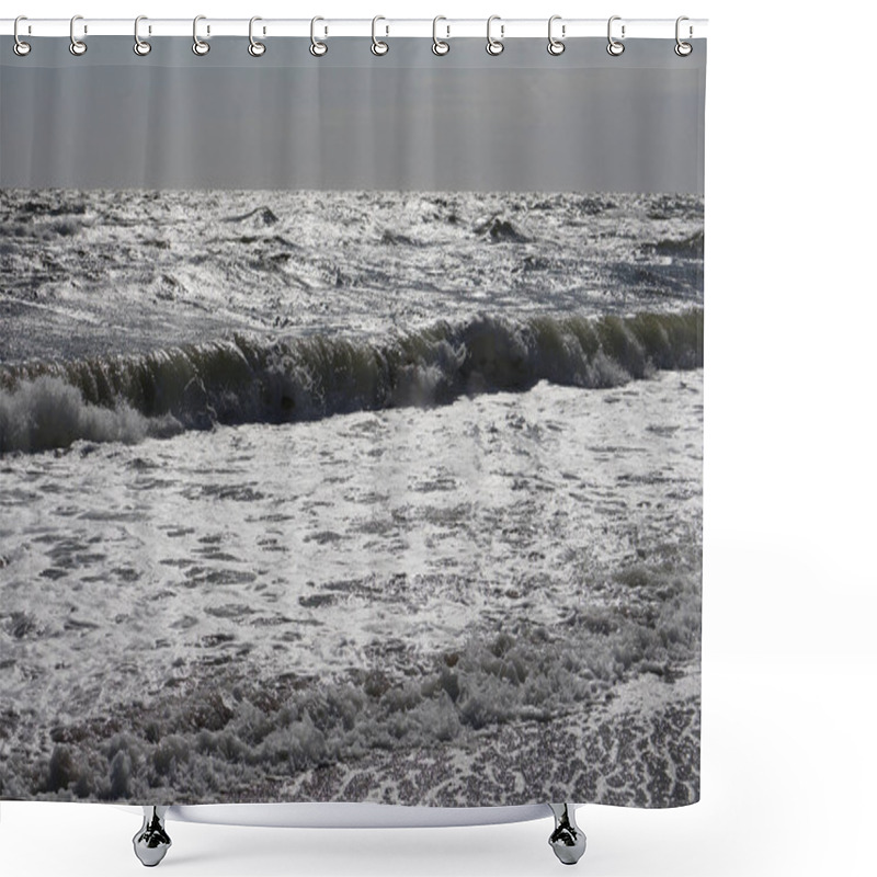 Personality  Foamy Ocean Waves Crash Against The Shore Under A Radiant Sun, Highlighting The Shimmering Silver Reflections On The Water's Surface In A Dynamic Coastal Scene. Shower Curtains