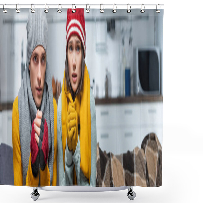 Personality  Panoramic Crop Of Young Couple In Warm Hats And Gloves Looking At Camera While Freezing In Cold Kitchen Shower Curtains