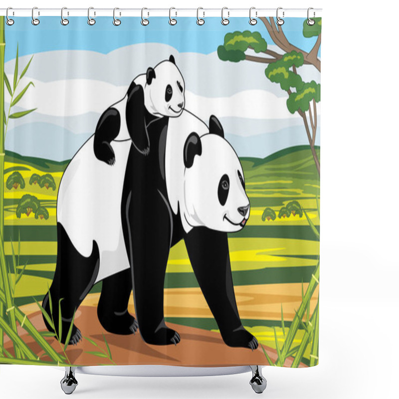 Personality  Panda Mom And Her Baby On A Landscape Background Shower Curtains