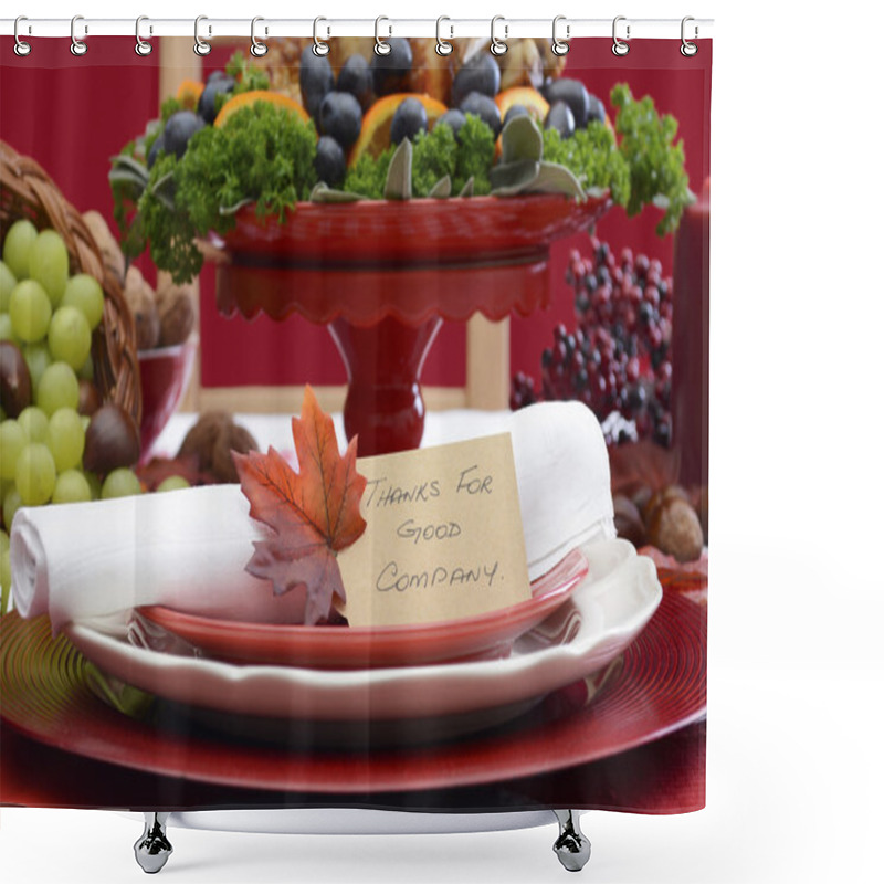 Personality  Thanksgiving Table Setting With Roast Turkey On Red White Backgr Shower Curtains