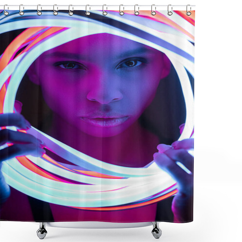 Personality  Portrait Of Futuristic African American Woman In Neon Lighting Shower Curtains