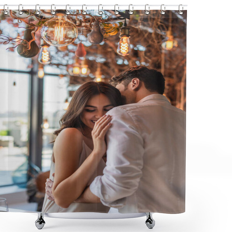 Personality  Man Kissing And Hugging Cheerful Young Woman In Restaurant  Shower Curtains