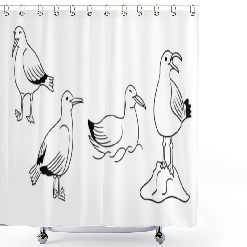 Personality  Set Of Seagull Doodles In Black And White With Various Poses Including Standing, Swimming, And Perching On A Rock, Showcasing A Minimalistic And Coastal Theme Shower Curtains