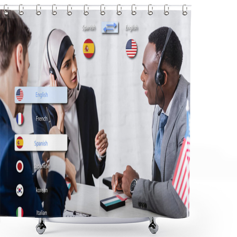 Personality  Interracial Business Partners In Headsets Near Digital Translator On Blurred Foreground, Translation Application Interface Illustration Shower Curtains