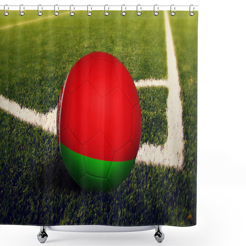 Personality  Belarus Flag On Ball At Corner Kick Position, Soccer Field Background. National Football Theme On Green Grass. Shower Curtains