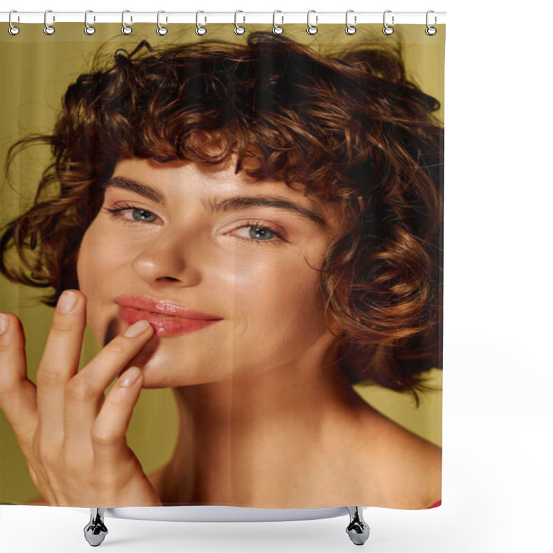 Personality  A Young Woman With Playful Curls Gently Touches Her Lips, Showcasing A Heartfelt Moment. Shower Curtains