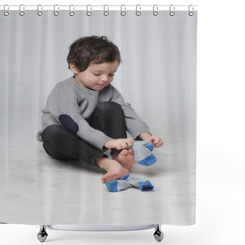 Personality  Portrait Of Cute Little Kid Sitting  Learning How To Put The Socks On By Him Self, Happy Toddler Boy Pulling His Socks To His Foot, Child Development Concept Shower Curtains