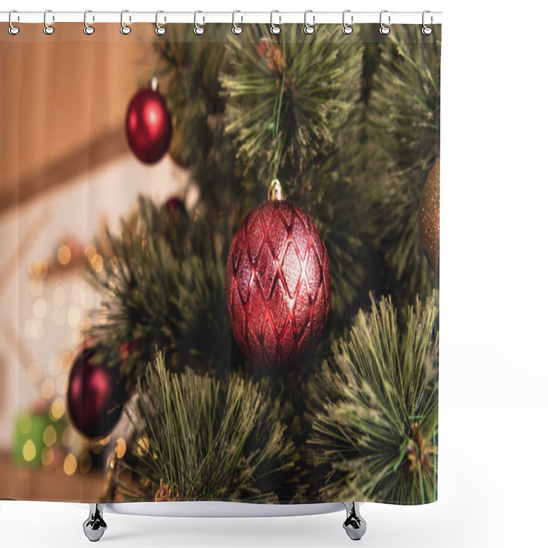 Personality  Selective Focus Of Christmas Tree With Red Baubles In Room Shower Curtains