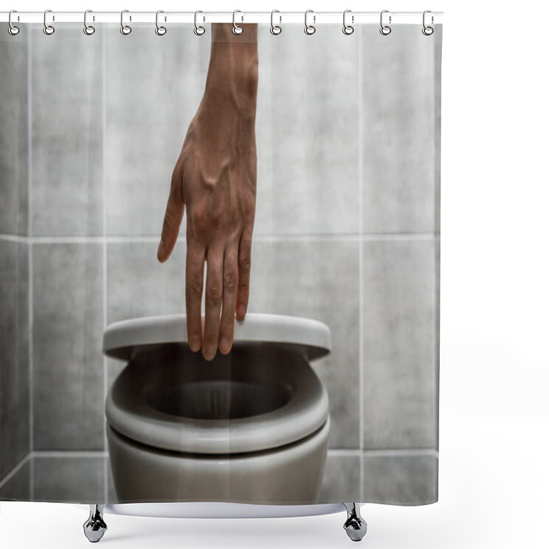 Personality  Cropped View Of Man Holding Toilet Lid In Modern Restroom With Grey Tile Shower Curtains