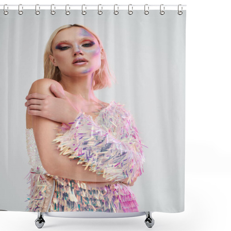 Personality  A Stylish Young Woman Showcases Her Unique Holographic Attire In A Creative Studio. Shower Curtains