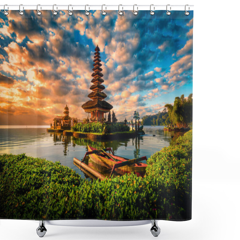 Personality  Pura Ulun Danu Bratan, Hindu Temple With Boat On Bratan Lake Landscape At Sunrise In Bali, Indonesia. Shower Curtains