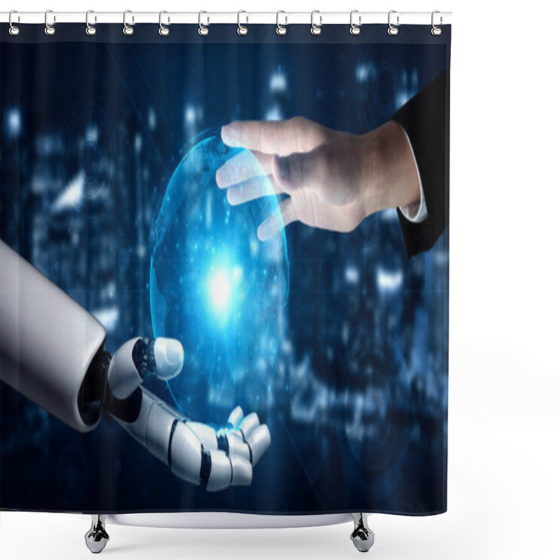 Personality  3D Rendering Artificial Intelligence AI Research Of Robot And Cyborg Development For Future Of People Living. Digital Data Mining And Machine Learning Technology Design For Computer Brain. Shower Curtains