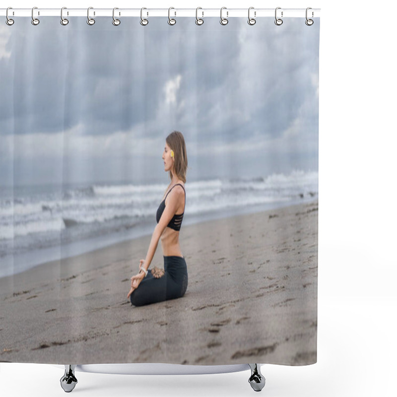 Personality  Young Woman Practicing Yoga In Lotus Pose On Seashore Shower Curtains