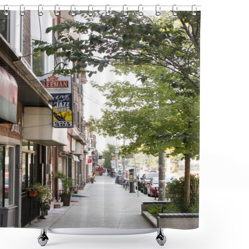 Personality  TORONTO, CANADA - AUGUST 21, 2017: ROW OF STORES ON EAST SIDE RONCESVALLES AVENUE Shower Curtains