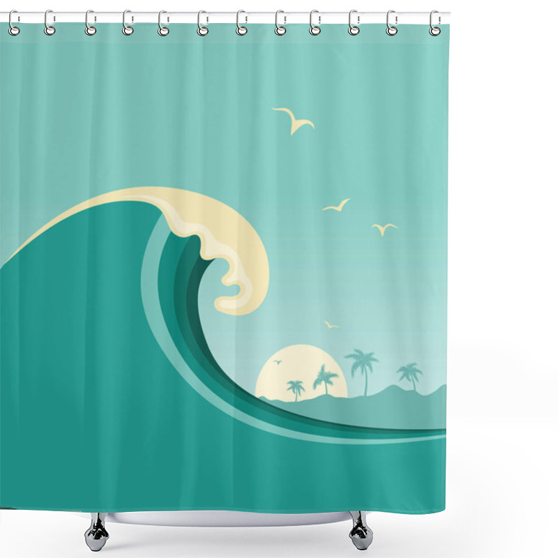 Personality  Big Ocean Wave And Tropical Island.Vector Poster Background Shower Curtains