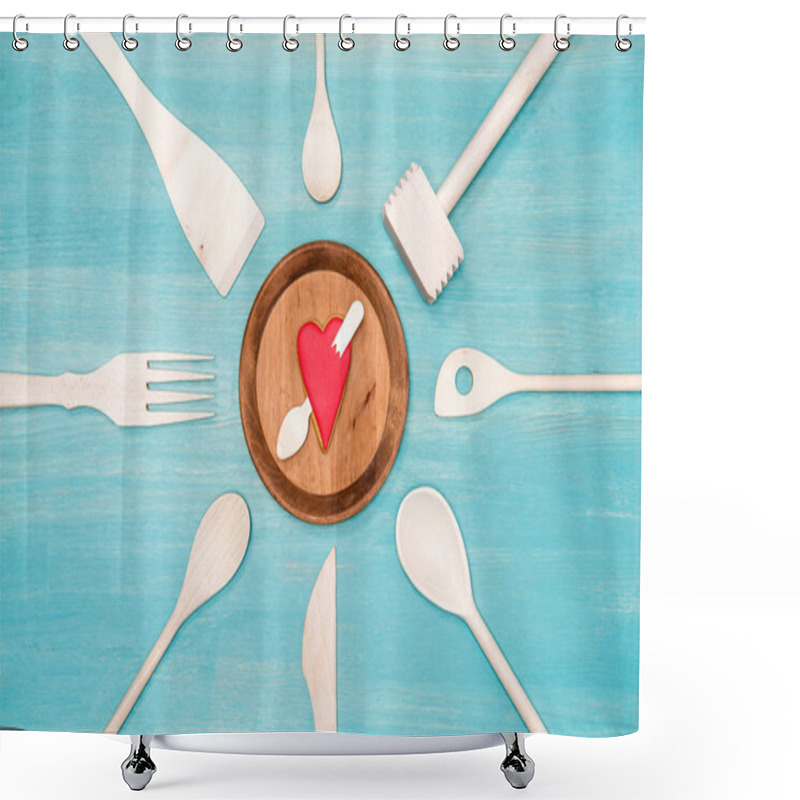 Personality  Top View Of Various Wooden Kitchen Utensils With Pierced Heart Symbol On Plate Shower Curtains