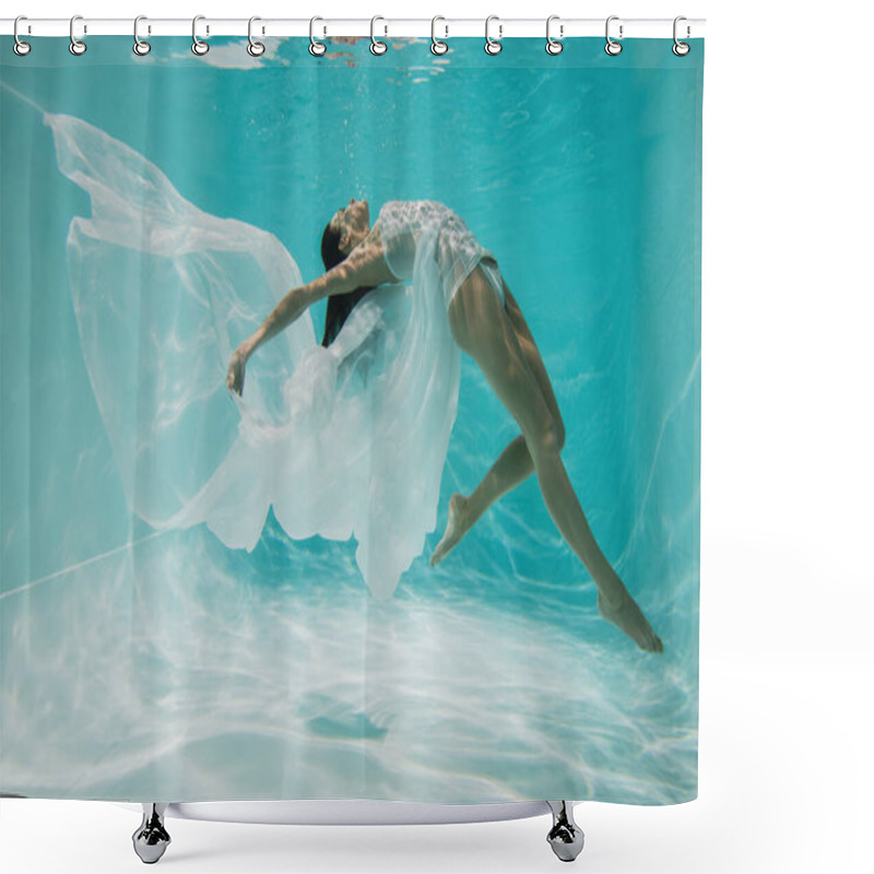 Personality  Barefoot Young Woman In Dress Diving In Pool With Blue Water  Shower Curtains