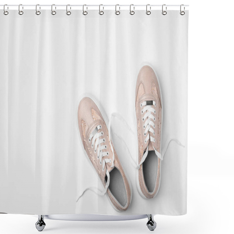 Personality  Stylish Sneakers On White Background, Top View Shower Curtains