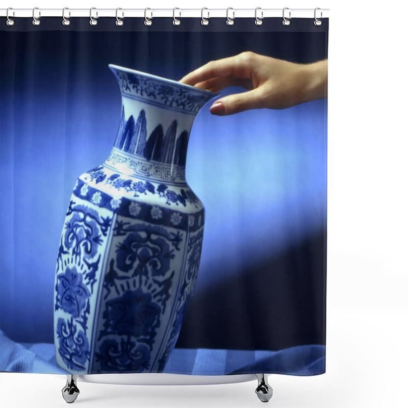 Personality  Hand Put A Decorated Ceramic Vase On A Table Shower Curtains