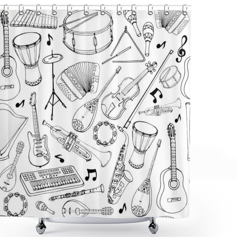 Personality  Vector Seamless Pattern Of Musical Instruments. Linear Hand Draw Shower Curtains