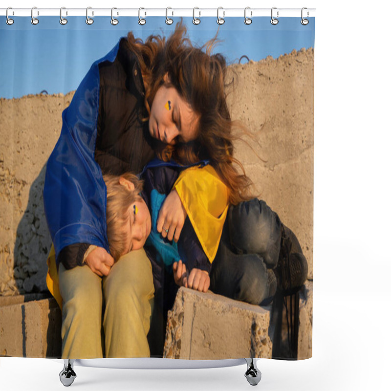 Personality  Civilians, Ukrainians, Refugees, A Little Boy And A Young Woman Sit Tired On Concrete Blocks, Covered With A Blue And Yellow Ukrainian Flag. Family, Unity. Stop The War. Stand With Ukraine Shower Curtains