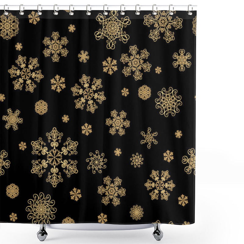 Personality  Winter Black Hand Drawn Seamless Pattern Print With Gold Beauty Snowflakes. Luxury Background With Golden Snow Crystals. Happy New Year, Merry Christmas Concept. Print For Textile, Wallpaper, Wrapping Shower Curtains