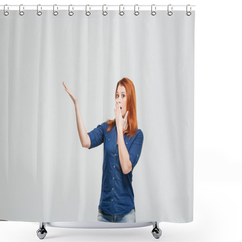 Personality  Amazed Woman Covered Mouth With Hand And Showing Copyspace Shower Curtains