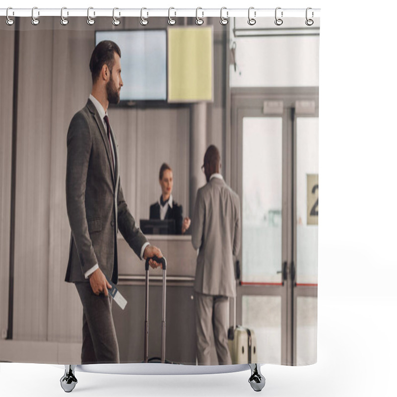 Personality  Businessman With Luggage And Flight Ticket At Airport Shower Curtains