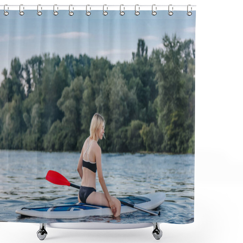 Personality  Attractive Blonde Sportswoman Sitting On Paddle Board On River Shower Curtains