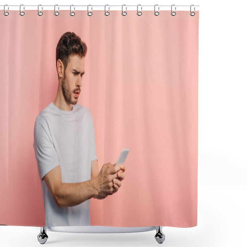 Personality  Shocked Young Man Chatting On Smartphone On Pink Background Shower Curtains