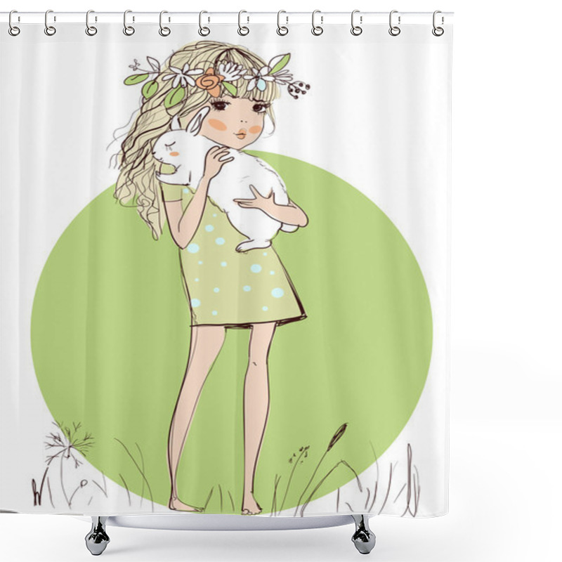 Personality  Cute Girl With White Rabbit Shower Curtains