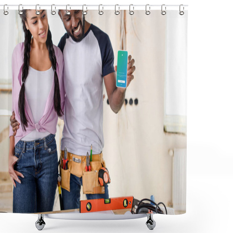 Personality  Happy Couple Holding Smartphone With Twitter On Screen During Renovation At New Home Shower Curtains