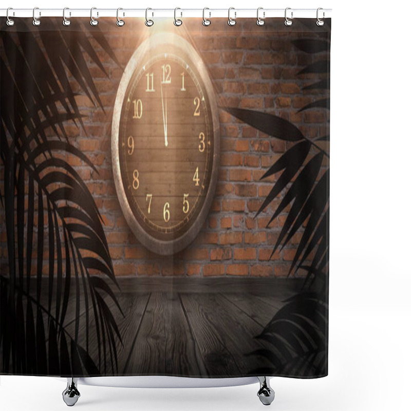 Personality  Dark Room, Spotlight, Rays. Old Clock In A Metal Frame. Old Brick Wall, Neon Light. Empty Room Scene, Night View. Shower Curtains