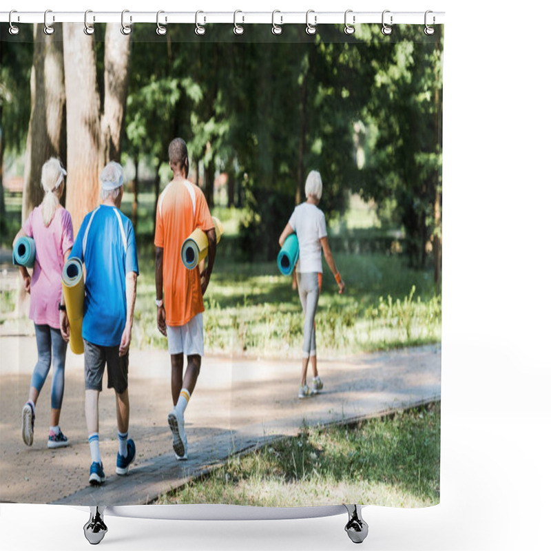 Personality  Back View Of Happy Senior And Multicultural Pensioners Holding Fitness Mats And Walking On Grass  Shower Curtains