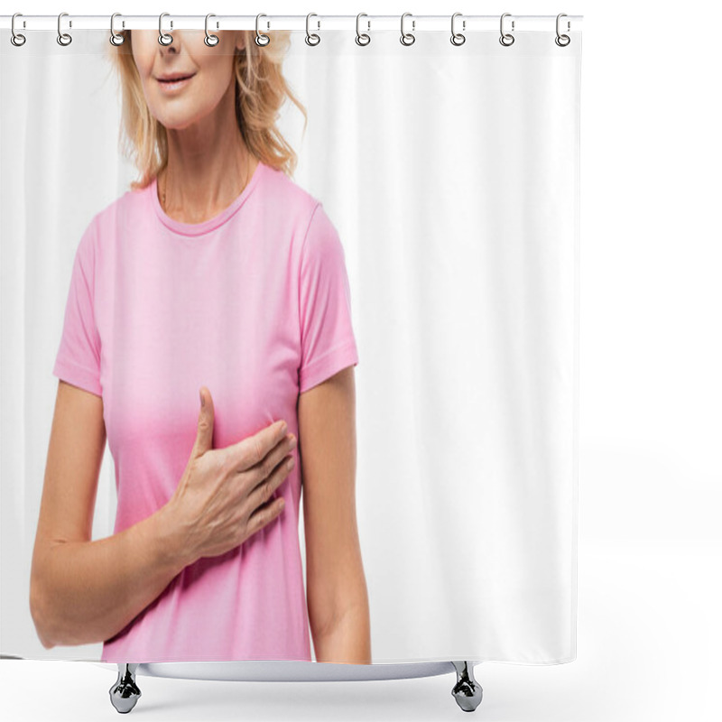 Personality  Cropped View Of Woman With Hand Near Breast Isolated On White, Breast Cancer Concept  Shower Curtains