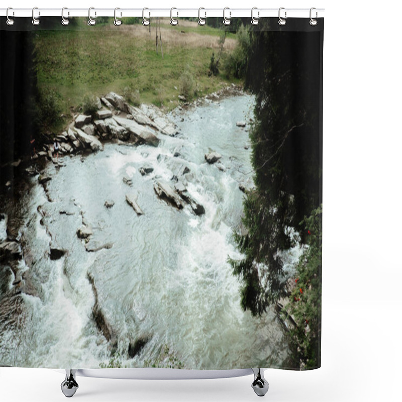 Personality  The Clear River Cascades Over Stones, Surrounded By Lush Greenery And Open Fields, Creating A Calm And Picturesque Natural Setting. Shower Curtains