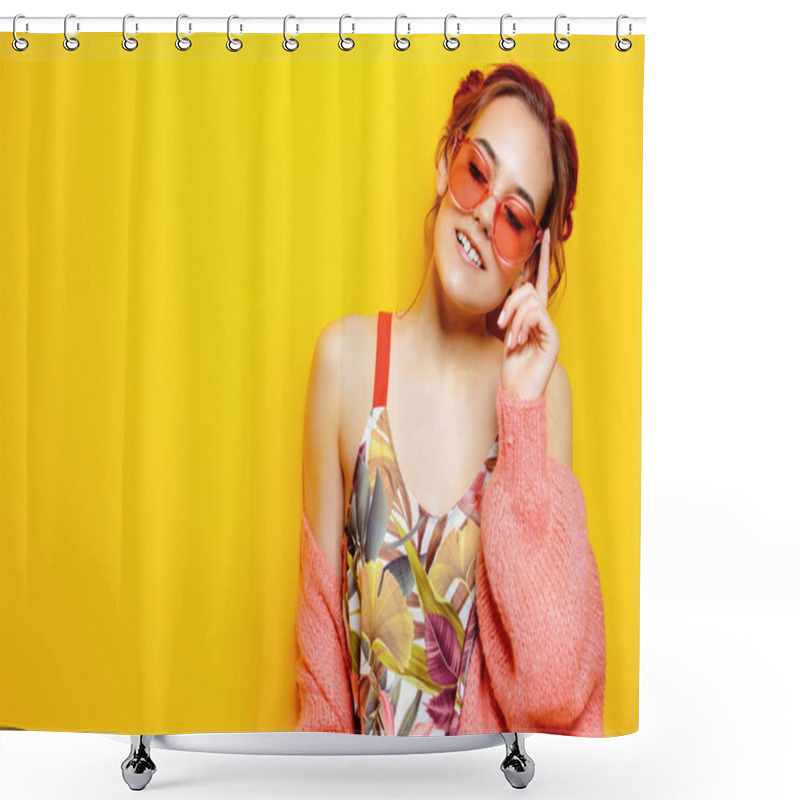 Personality  Beautiful Girl With Pink Hair Wearing Bright Clothes Over Yellow Background. Bright Style, Fashion. Shower Curtains