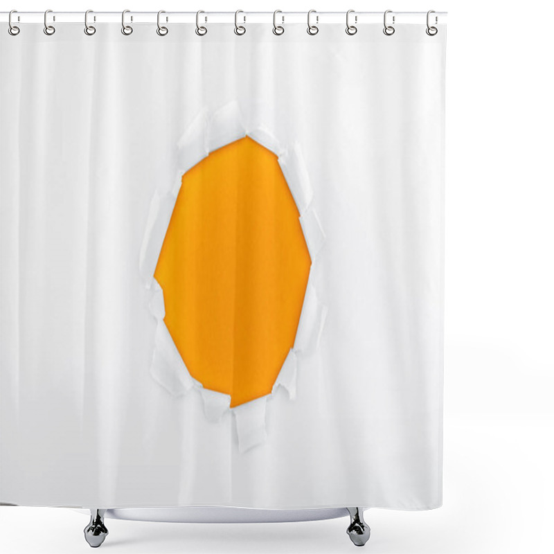 Personality  Ragged Hole In Textured White Paper On Orange Background  Shower Curtains