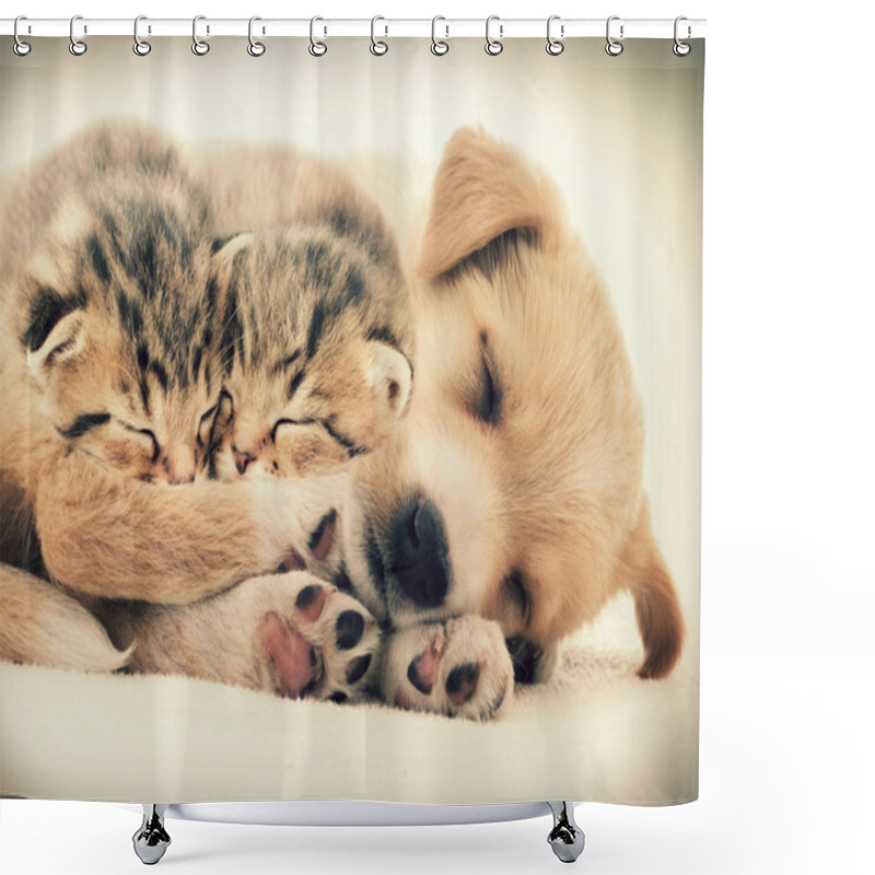 Personality  Puppy And Kittens Sleeping Together Shower Curtains