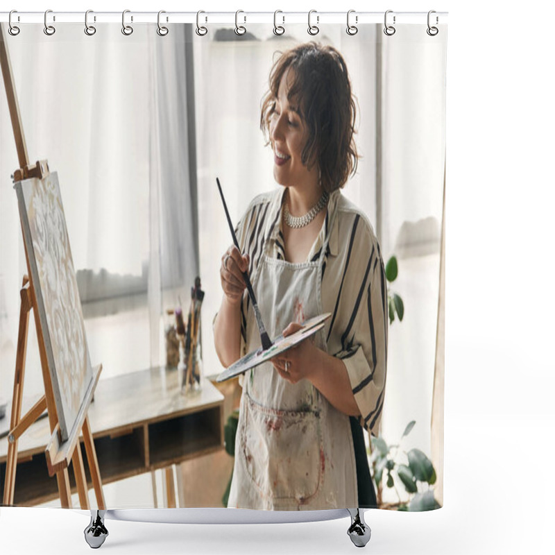 Personality  Curly-haired Woman Immersed In Painting, Expressing Her Creativity In A Stylish Apartment. Shower Curtains